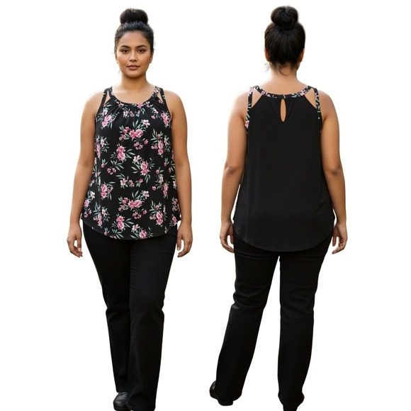torrid Tops - Torrid Womens Floral Keyhole Back Tank Top Black Pink Plus Size 2 2X 18